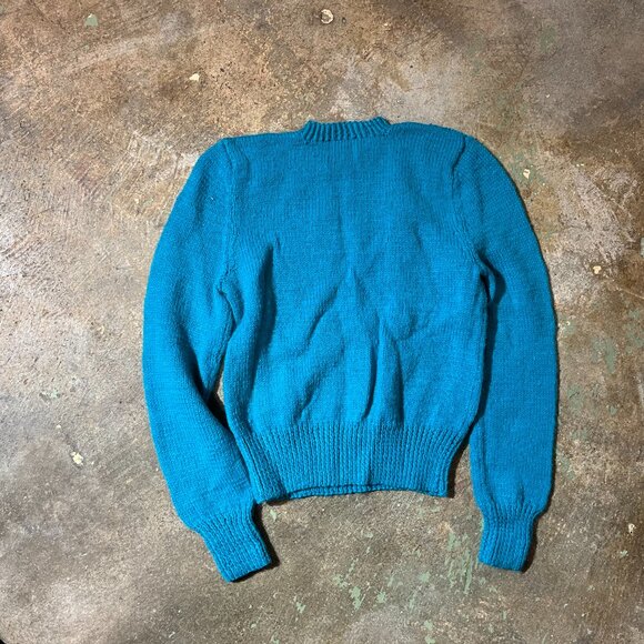 1980s Children's Vintage Hand-Knit Teal Sweater with Leaf Design - Picture 2 of 2